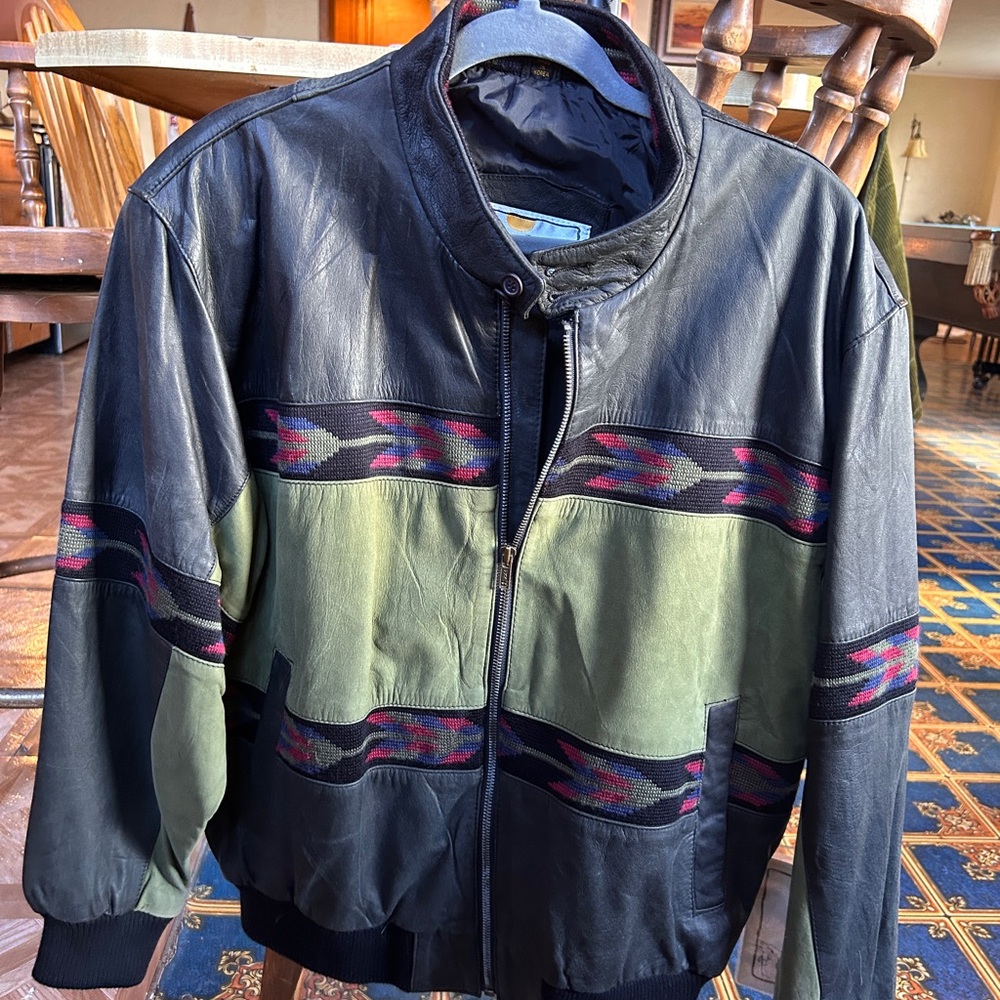 Black and Green Leather Mens Jacket- Mesa Ridge -  Medium